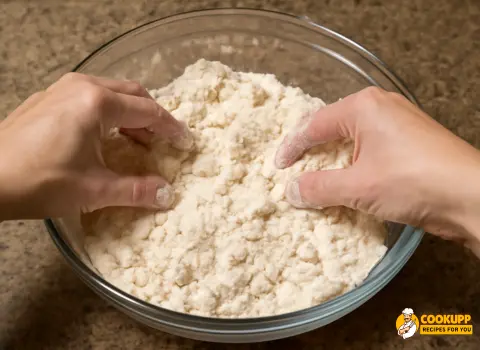 Pouring cold buttermilk into flour and butter mixture for biscuit dough