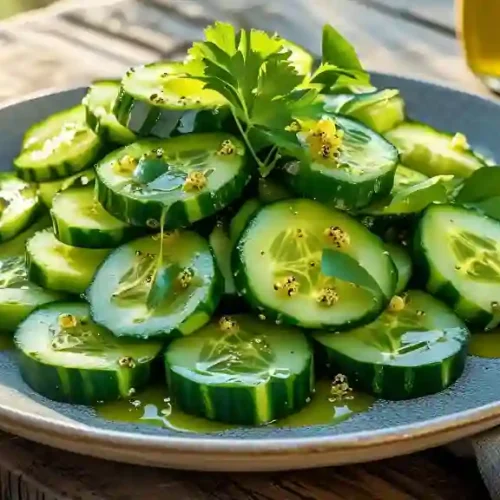 Bartaco cucumber salad served in a white bowl with sesame and chili flakes