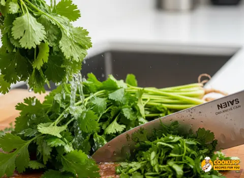 A bunch of fresh cilantro being roughly chopped on a cutting board with a rustic kitchen towel in the background.