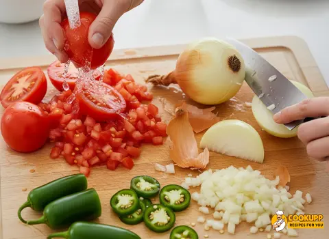 A bunch of fresh cilantro being roughly chopped on a cutting board with a rustic kitchen towel in the background.