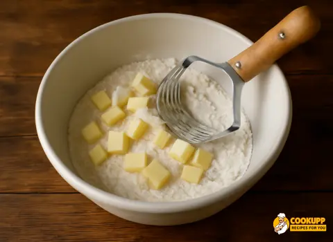 Cutting cold cubed butter into dry flour mixture with a pastry cutter