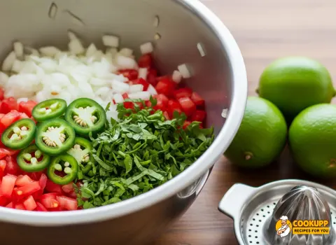 A glass mixing bowl filled with chopped tomatoes, onions, jalapeños, and cilantro being drizzled with fresh lime juice.
