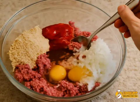 Ground beef, breadcrumbs, egg, and onion mixed in a bowl