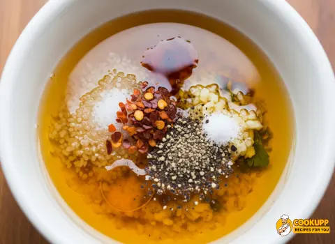 Small bowl of spicy cucumber dressing with sesame oil and chili flakes