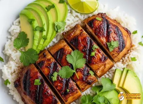 Qdoba Adobo Chicken served in a bowl with rice, avocado, and cilantro
