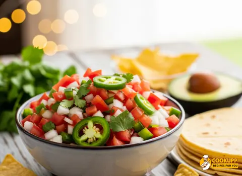 A spoonful of colorful pico de gallo being lifted from a bowl, ready to top tacos or be served with tortilla chips.