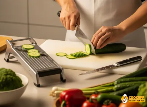 Thinly sliced Persian cucumbers on a cutting board with a mandoline