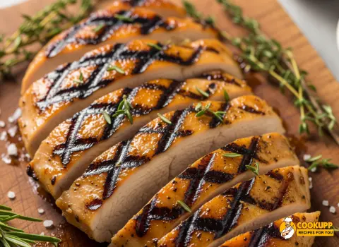 Sliced grilled adobo chicken resting on a cutting board