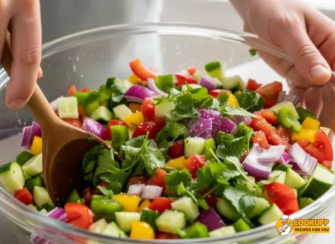 A hand using a spoon to stir freshly chopped pico de gallo in a clear glass bowl on a kitchen counter.