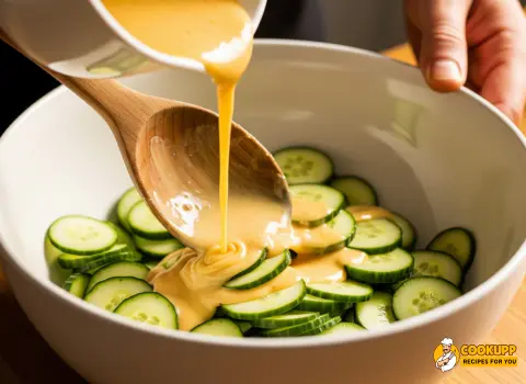 Sliced cucumbers being tossed in Bartaco-style spicy dressing in a large bowl