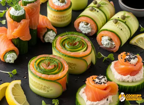 Variations of Smoked Salmon Roll on Cucumber