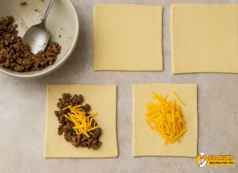 Cheesy meat mixture spooned onto dough square for hot pocket
