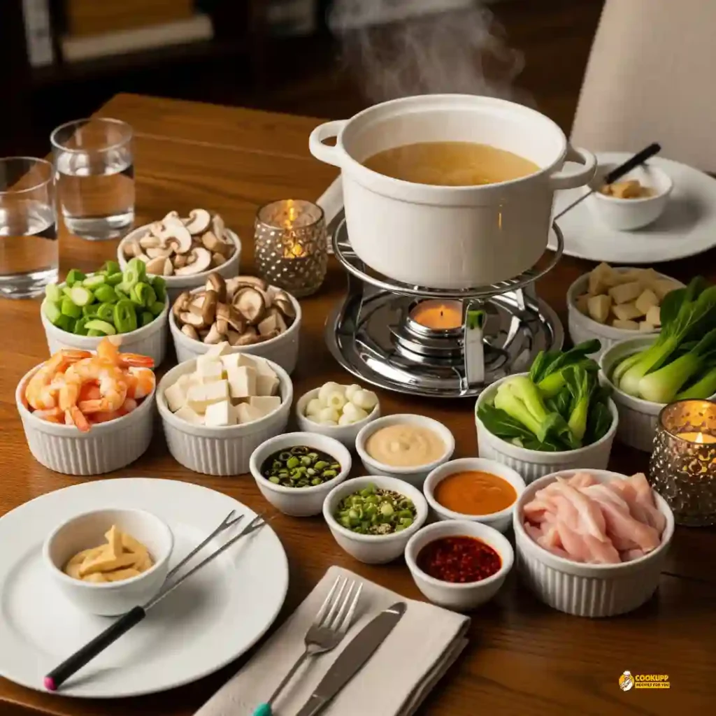 Assorted vegetables, chicken, and dipping sauces arranged beautifully for chicken broth fondue