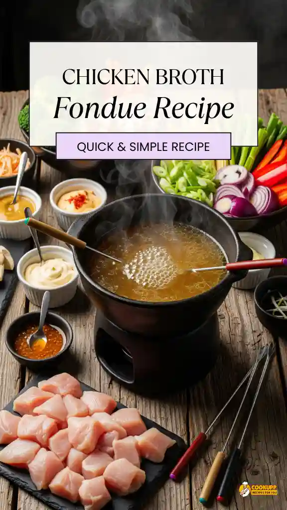 Close-up of chicken broth fondue pot and dippers