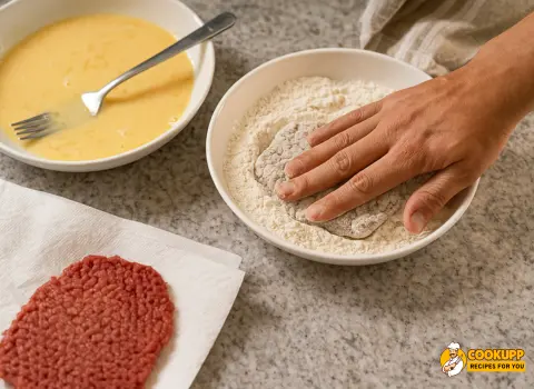 Cube steak being coated in seasoned flour before frying