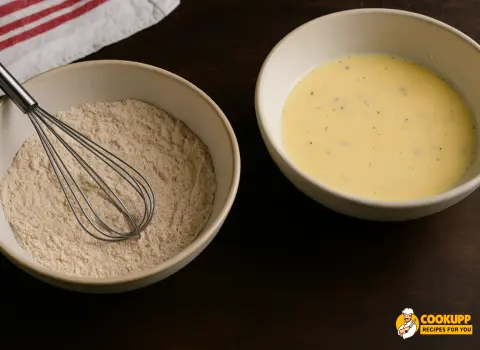 Flour and buttermilk-egg mix in bowls ready for dredging chicken fried steak
