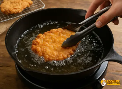 Breaded steak frying in oil until golden brown