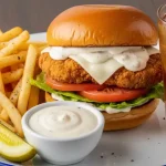 Golden brown chicken fried steak sandwich on a toasted bun with lettuce and tomato, served on a rustic plate