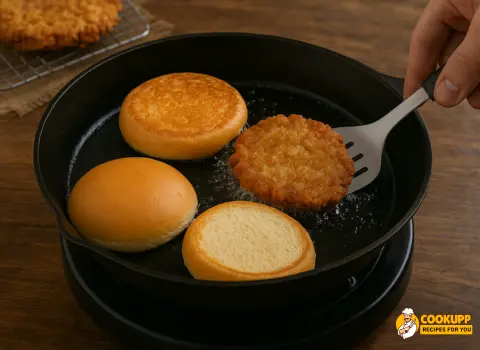 Sandwich buns being toasted on skillet with butter