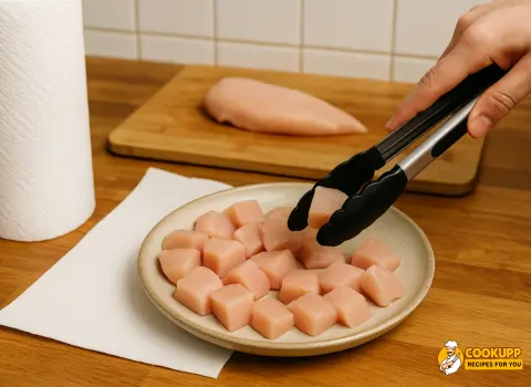 Cutting raw chicken into bite-sized pieces on a clean cutting board for fondue