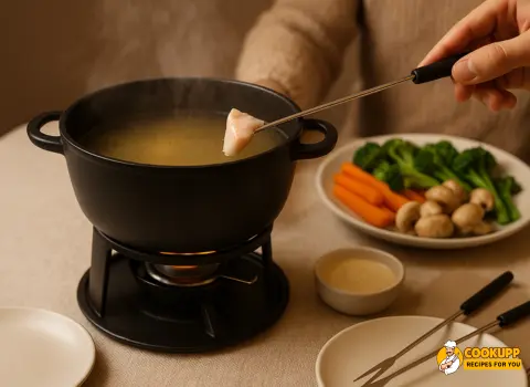 People dipping chicken and vegetables into a steaming chicken broth fondue pot together