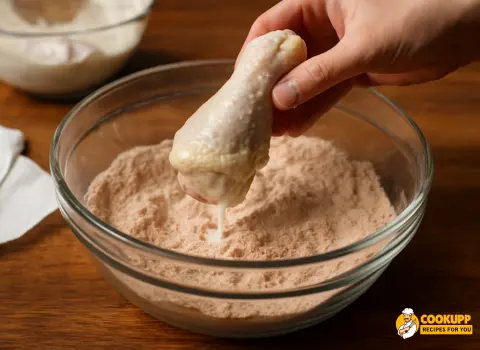 Chicken piece being dredged in seasoned flour mixture with visible texture