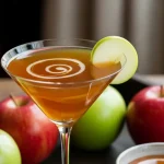 Caramel apple martini in a chilled martini glass with caramel drizzle and apple slice garnish on a rustic wooden table