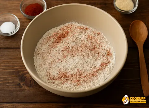 Mixing bowl with flour, cornstarch, and spices for crispy fried chicken coating