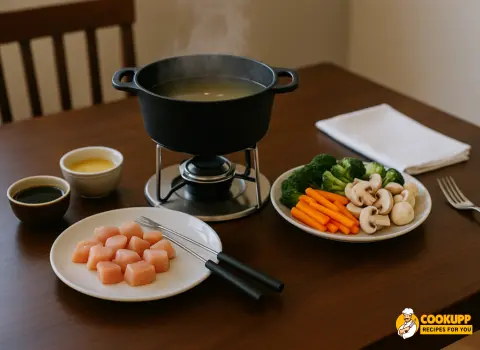 Fondue pot, skewers, and dipping sauces set up on a dining table ready for fondue night