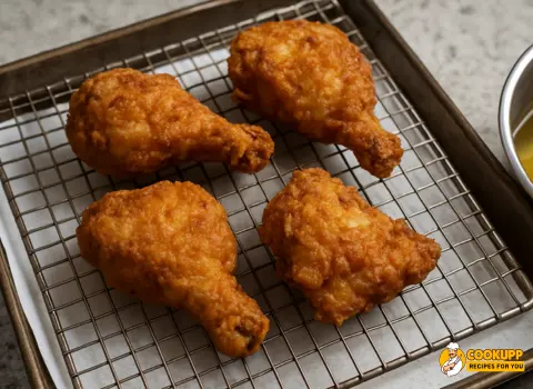 Golden brown fried chicken resting on a wire rack to cool and drain oil