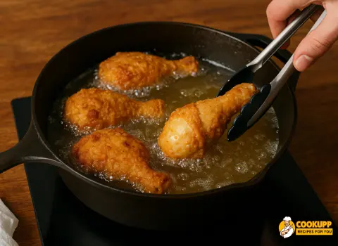 Chicken frying in hot oil inside a deep cast iron pan, bubbling around the edges