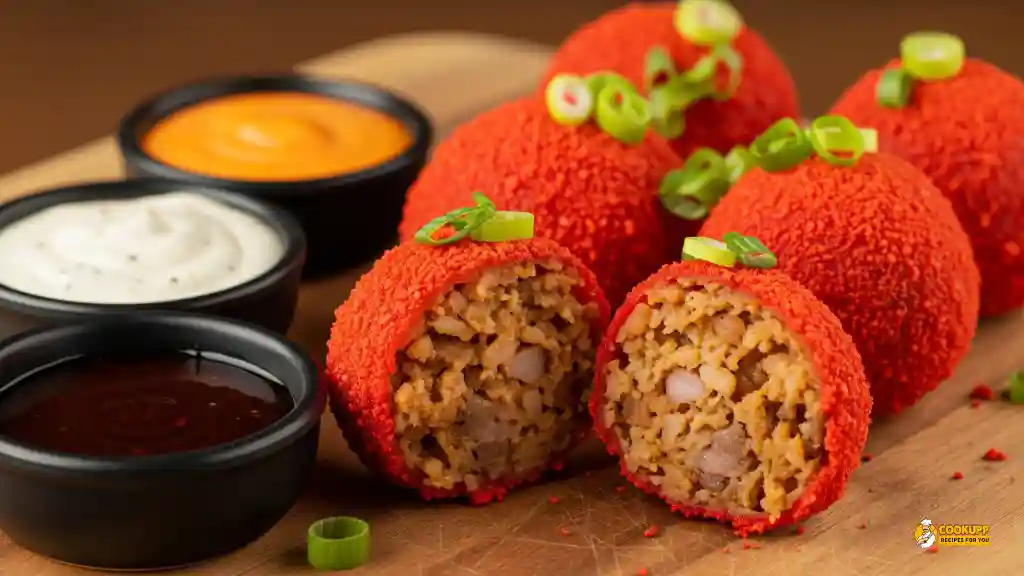 A platter of Hot Cheeto Boudin Balls served with dipping sauces like ranch and queso.