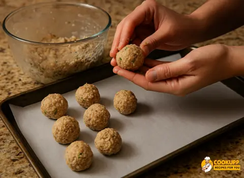 Rolled boudin balls on a tray ready for chilling.