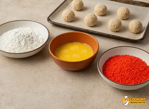 Flour, eggs, and crushed Hot Cheetos set up in bowls for coating.