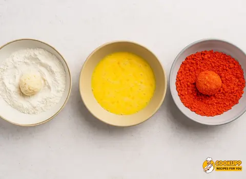 Boudin ball being coated in crushed Hot Cheetos.