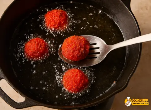 Hot Cheeto Boudin Balls frying in hot oil.