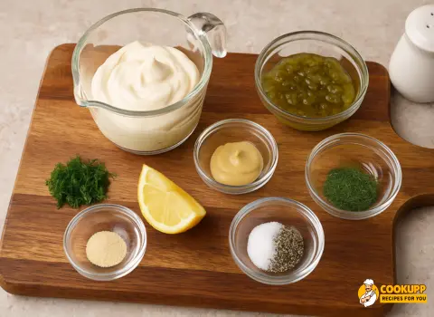 Ingredients for Texas Roadhouse Tartar Sauce on a cutting board