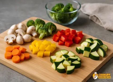 Colorful vegetables sliced and arranged on a plate for chicken broth fondue dipping