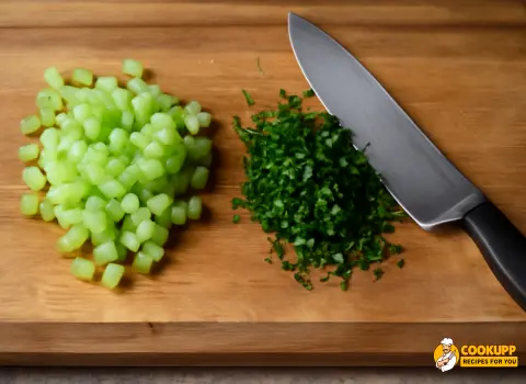 Chopped celery and freshly cut parsley on a wooden cutting board with a chef's knife.