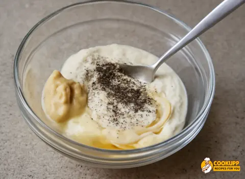 Close-up of creamy dressing with mustard swirls and black pepper flecks in a glass bowl, with a spoon resting inside.
