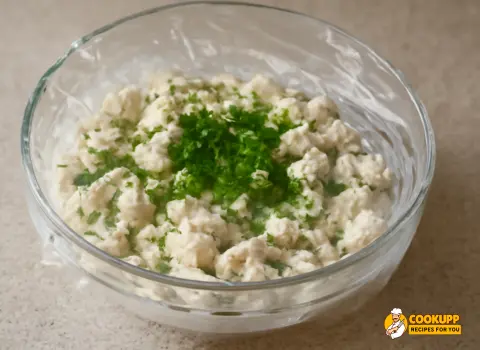 Plastic wrap covering a glass bowl of chicken salad, placed in the refrigerator to chill.
