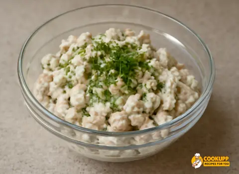 A bowl of chilled chicken salad, topped with fresh herbs, ready to be served with crackers or in a sandwich.